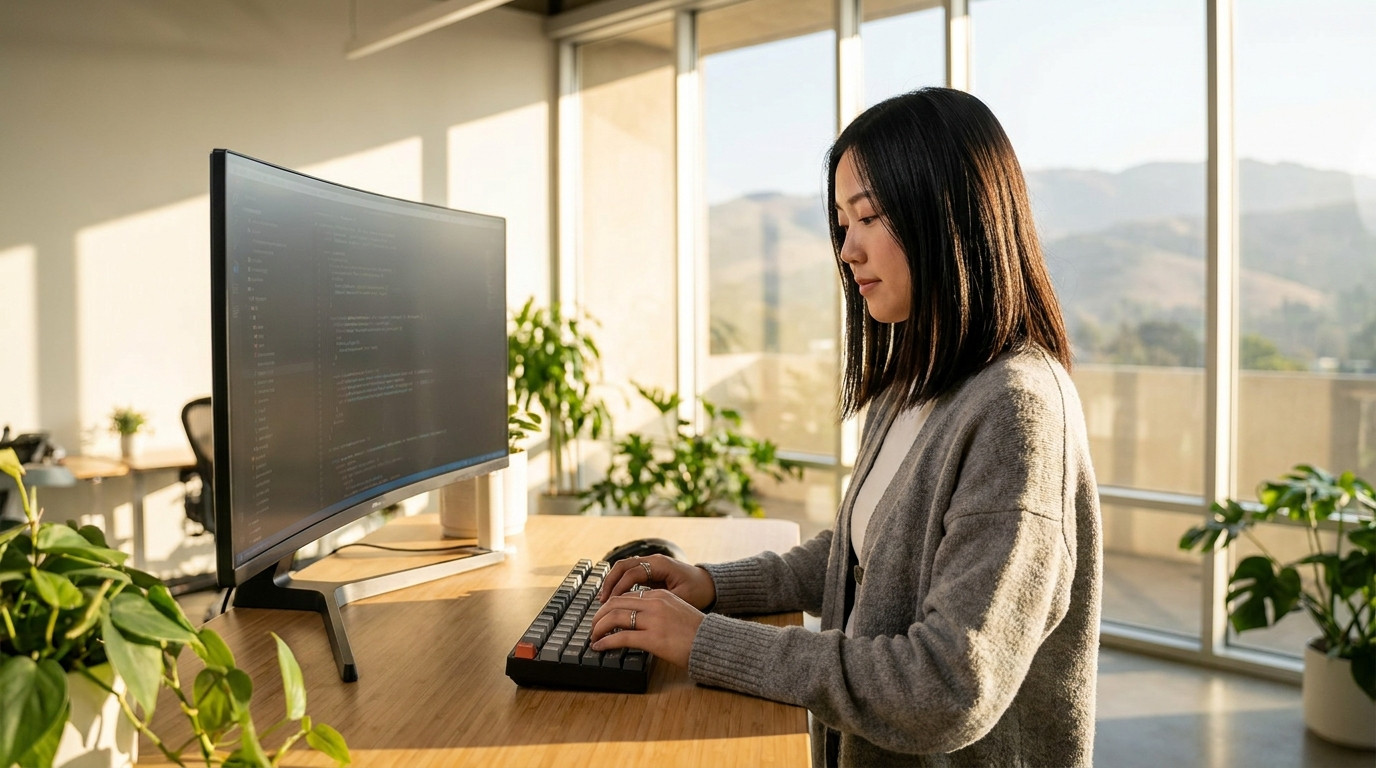 A graduate student in a plain navy crewneck sweater working alone at a standing desk in a bright minimalist office with