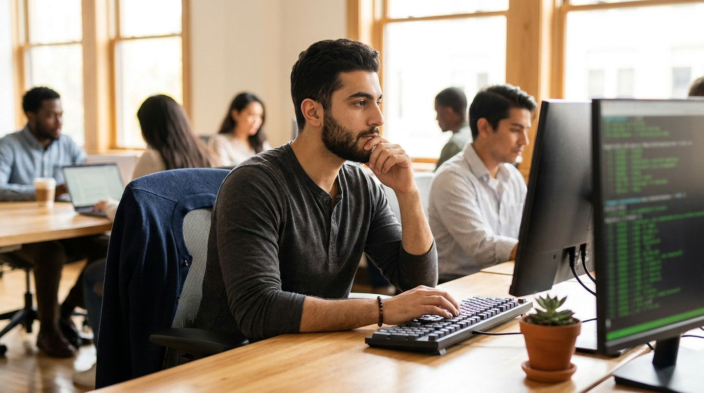 A college student in a navy crewneck sweater sitting at a wide desk in a bright co-working space, typing on a mechanical