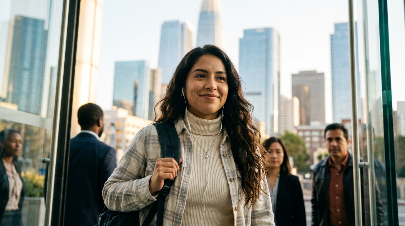 A college junior in a light flannel shirt walking into a glass-fronted downtown office building on a sunny San Francisco