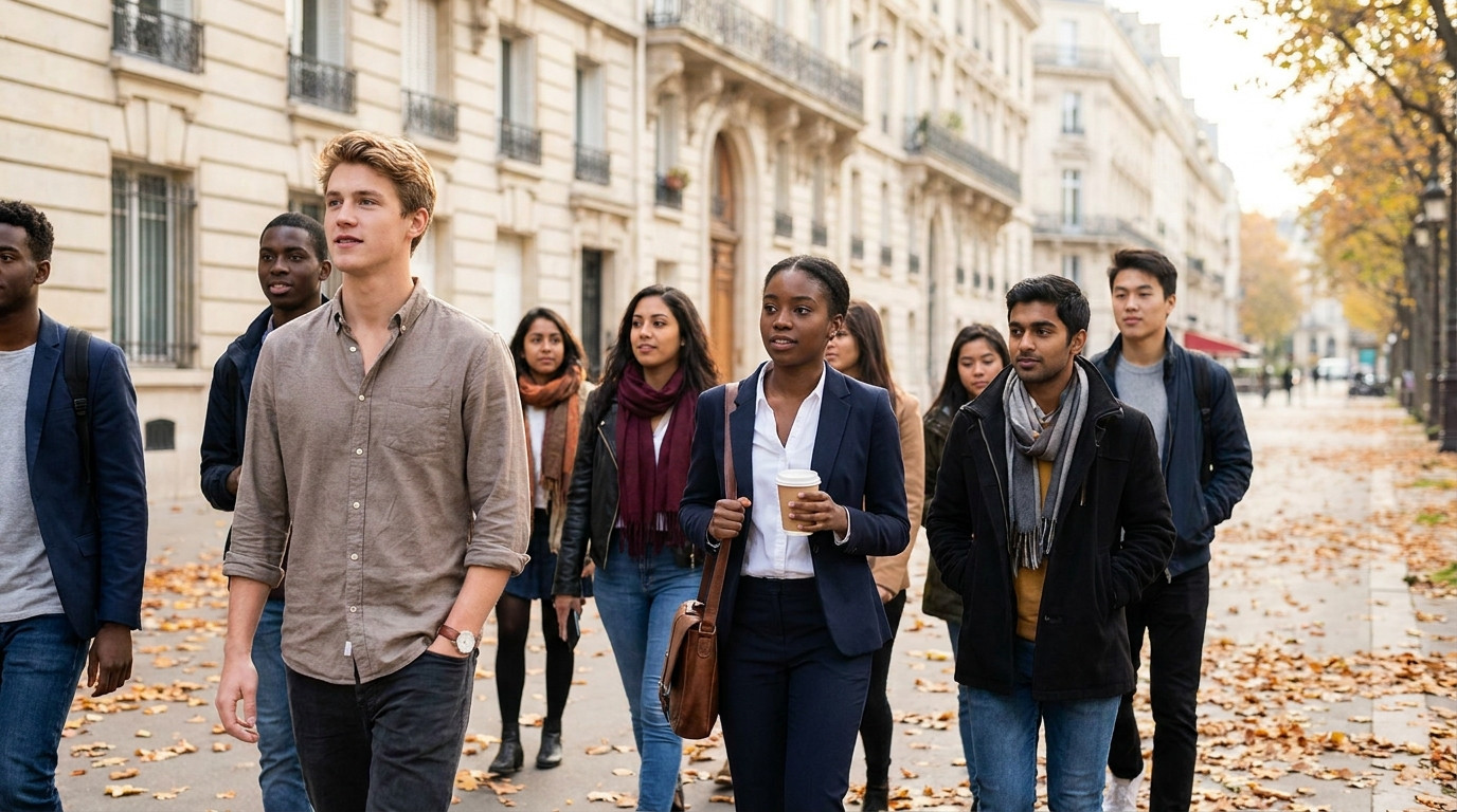 A college student in a tailored navy blazer and white shirt walking along a grand European boulevard on a crisp autumn m