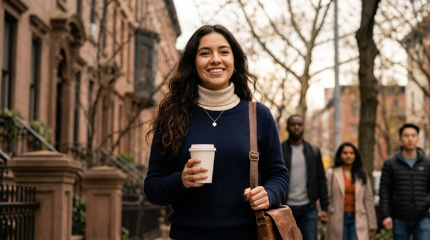 A graduate student in a simple navy crewneck sweater walking through a quiet Manhattan side street on a crisp autumn mor