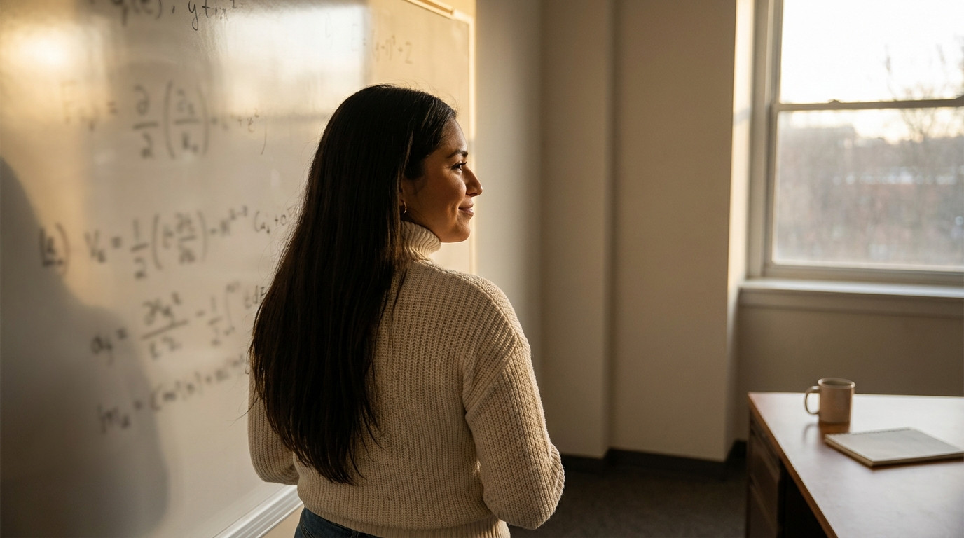 A lone researcher in a plain gray t-shirt writing equations on a large whiteboard in a quiet sunlit room with minimal fu