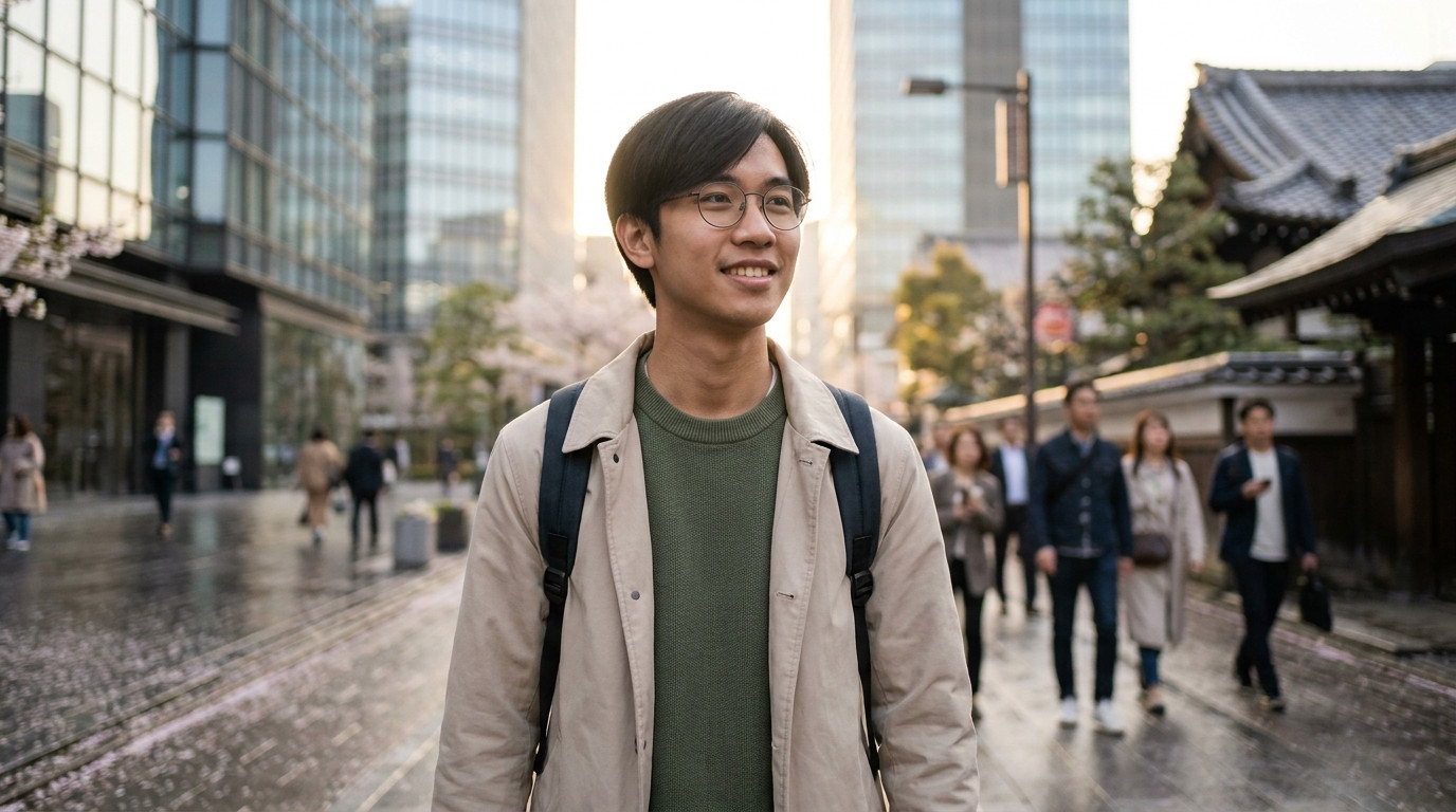 A graduate student walking through a modern Tokyo street at dawn, sleek glass towers and a glimpse of traditional tiled