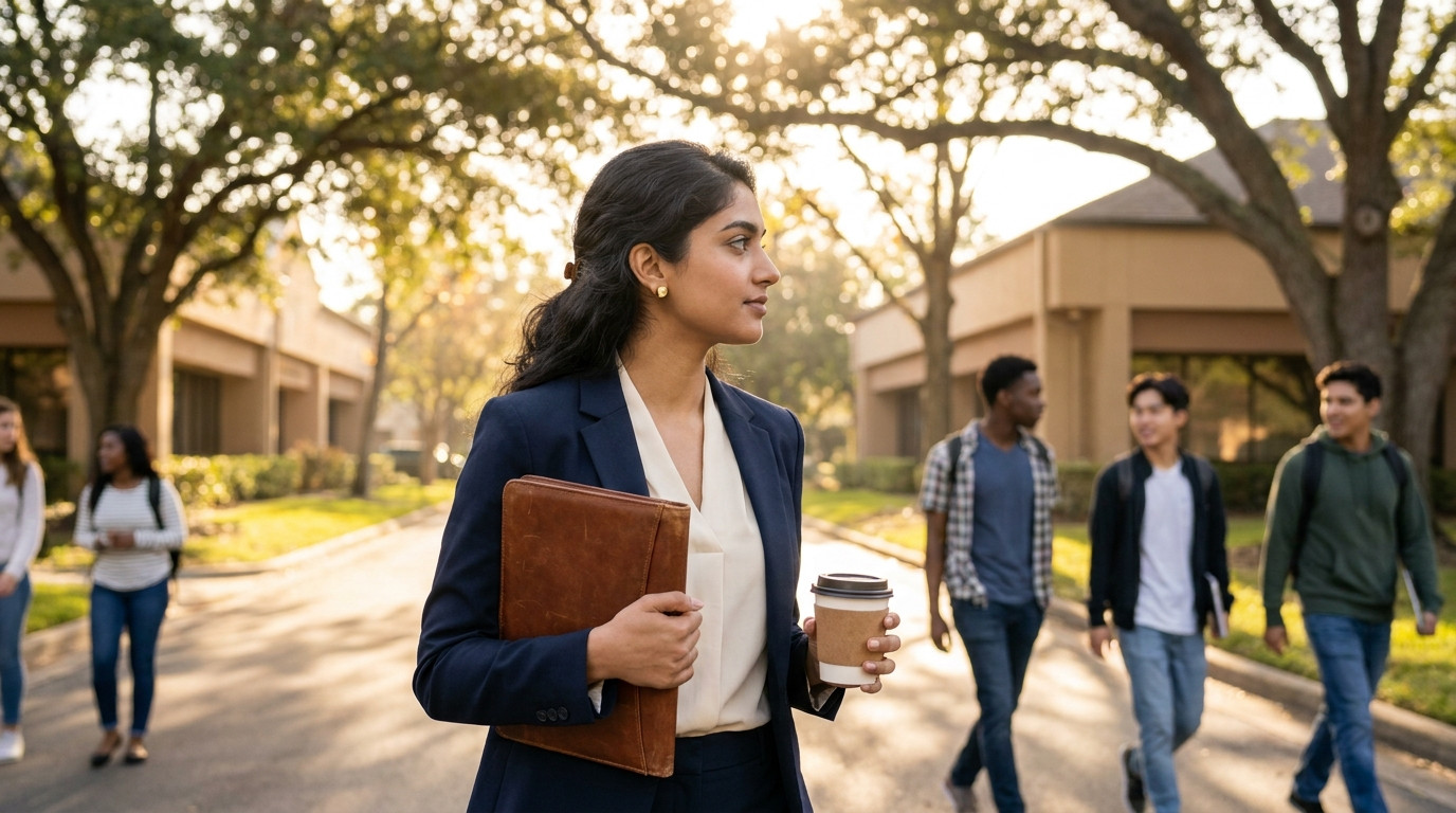 A college student in a crisp button-down shirt walking along a tree-lined road in a wealthy suburban area, low office bu