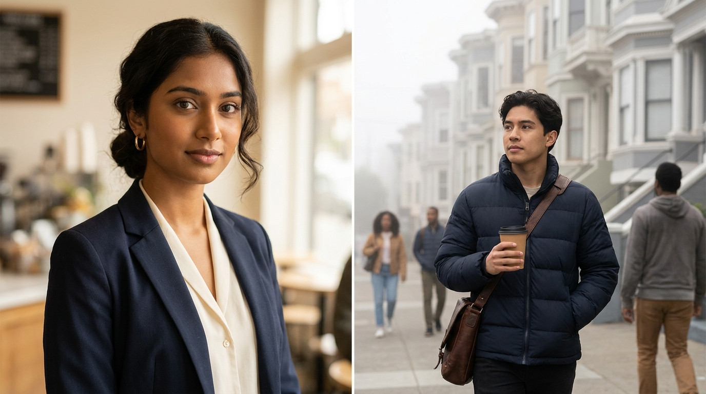 A college student in a dark navy puffer jacket walking through a foggy San Francisco street early in the morning, Victor