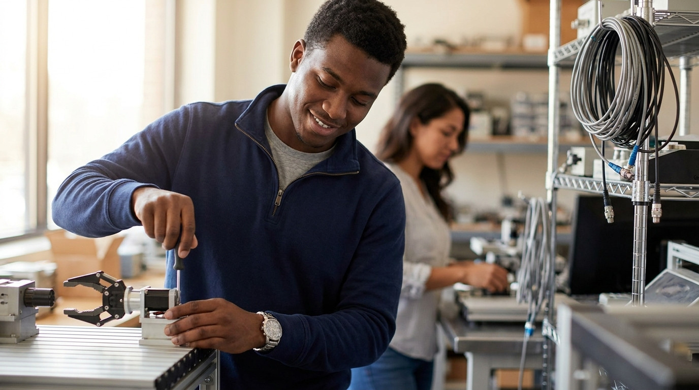 A graduate student in a plain gray t-shirt working at a lab bench beside a robotic arm, adjusting a gripper mechanism wi