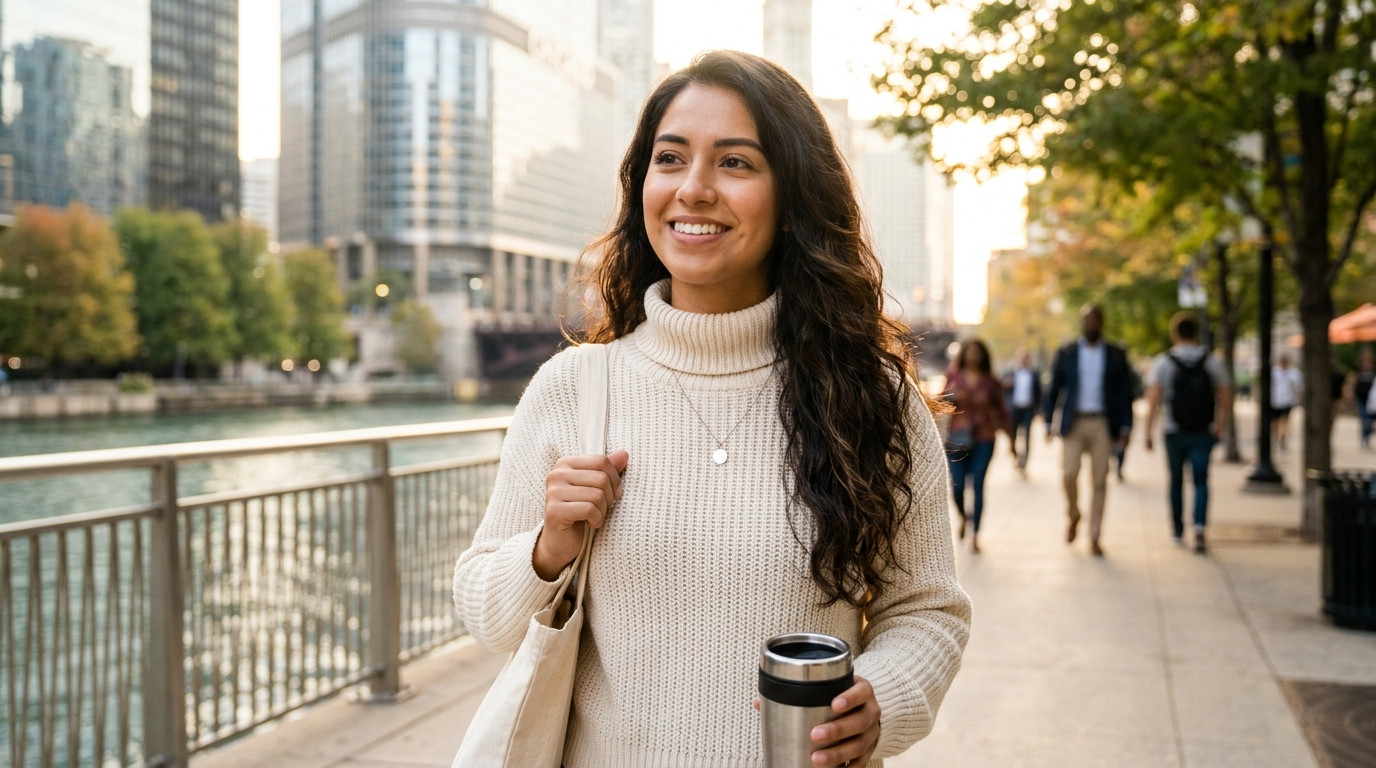 A college student in a casual crewneck sweater walking through a sunlit Chicago sidewalk on a warm September morning, th