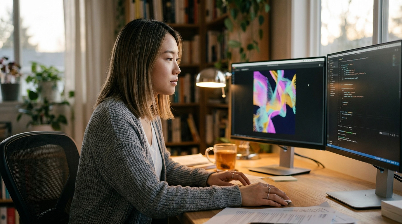 A graduate student sitting at a dual-monitor workstation in a quiet home office at dusk, one screen showing colorful gen