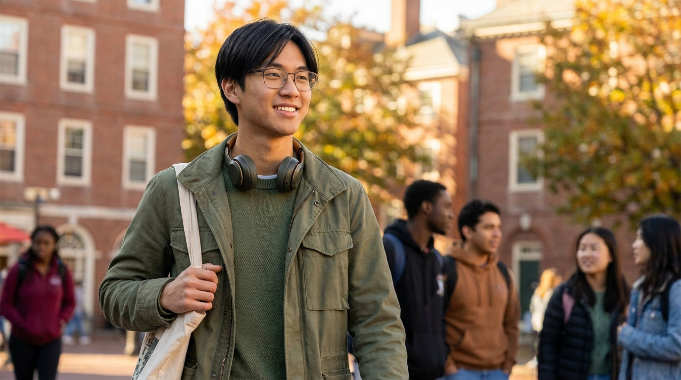 A college student wearing a plain olive-green field jacket and over-ear headphones around their neck, walking through Ha