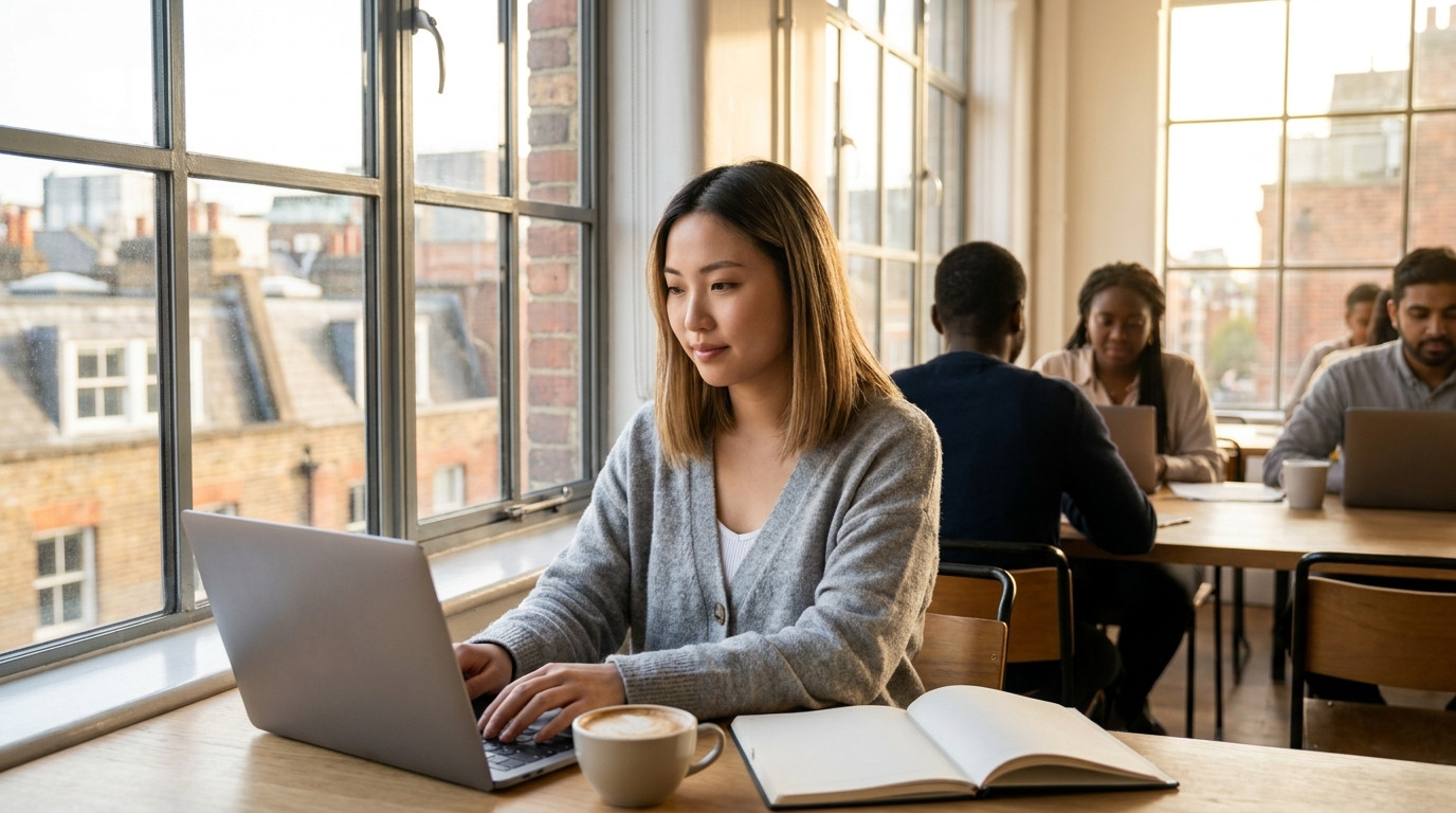 A student in a simple navy sweater sitting in a bright coworking space near a tall window with a view of London rooftops