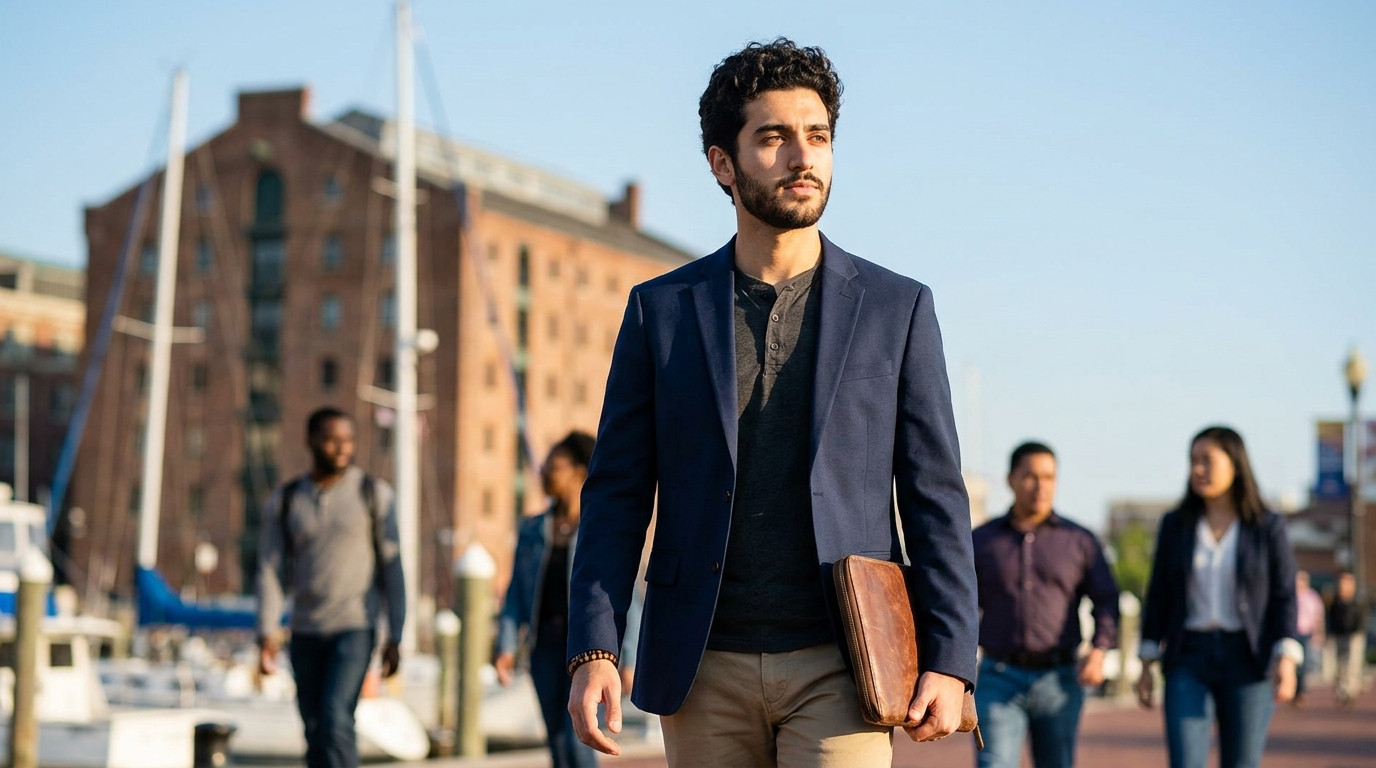 A college student in a navy blazer and khakis walking along Baltimore's Inner Harbor waterfront on a clear September mor