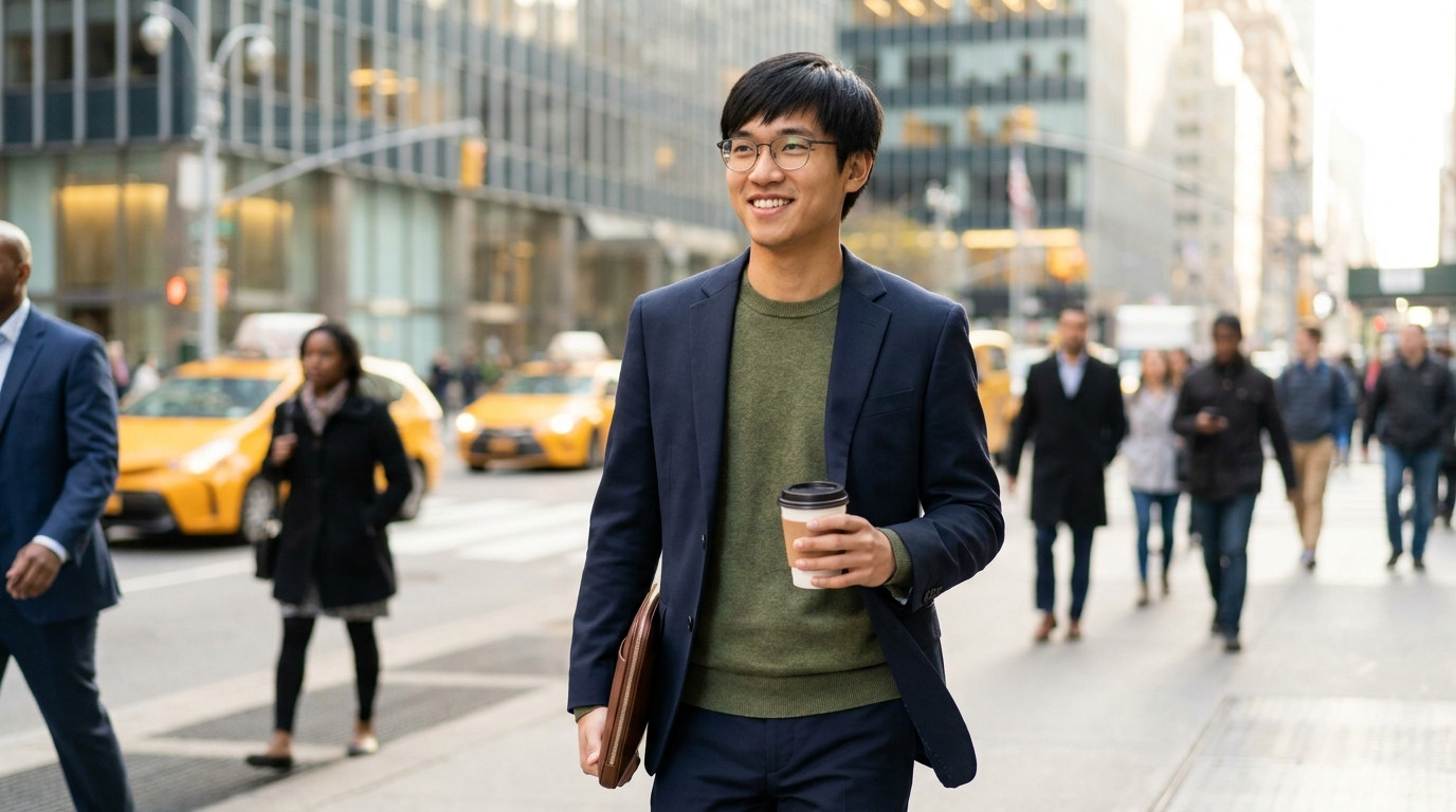 A college student in a fitted navy suit jacket over an open-collar white shirt walking through a sunlit Midtown Manhatta