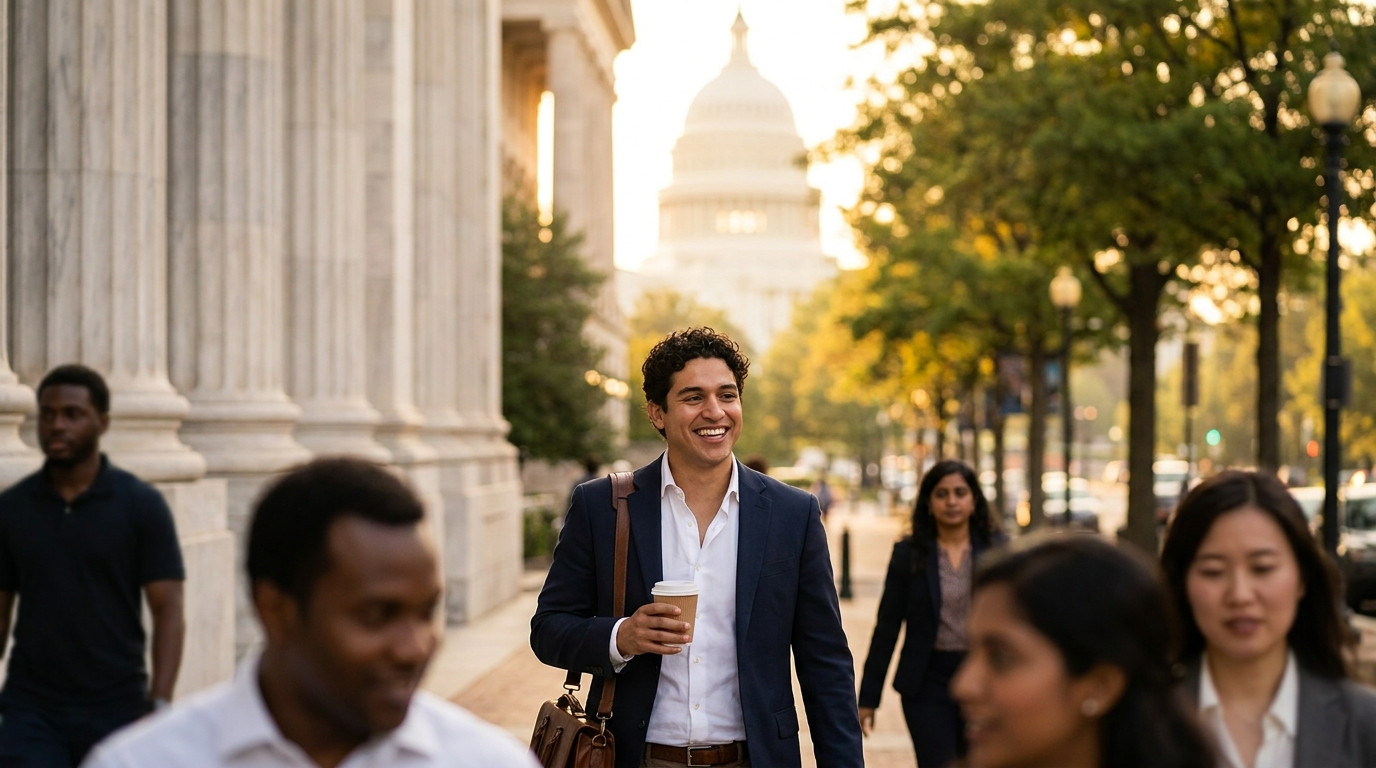 A college student in a navy blazer and open-collar dress shirt walking briskly past neoclassical marble columns on a wid