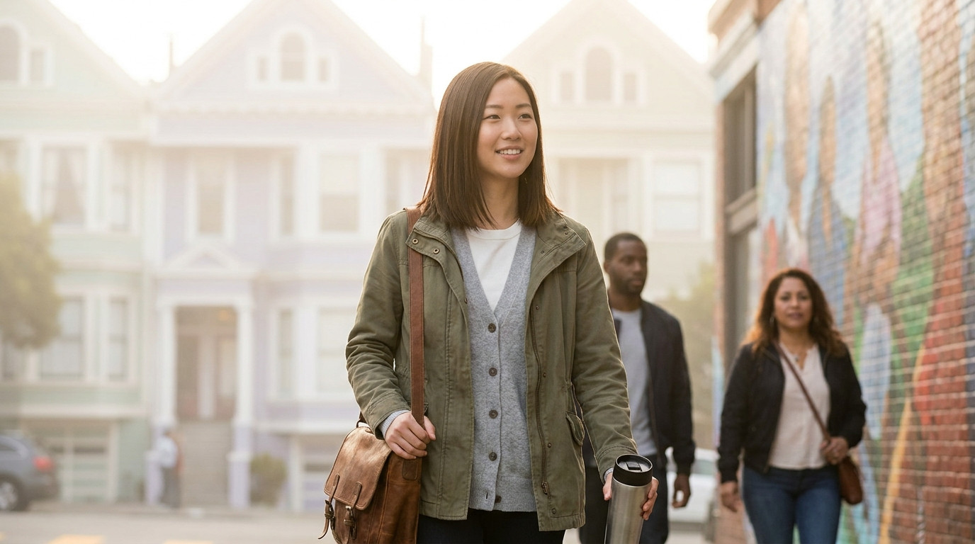 A graduate student in a simple olive-green field jacket walking through San Francisco's Mission District on a foggy morn