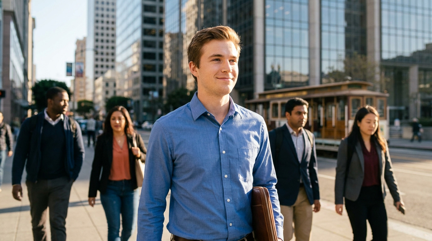 A college student in a crisp blue button-down shirt walking through a sunlit San Francisco financial district sidewalk o