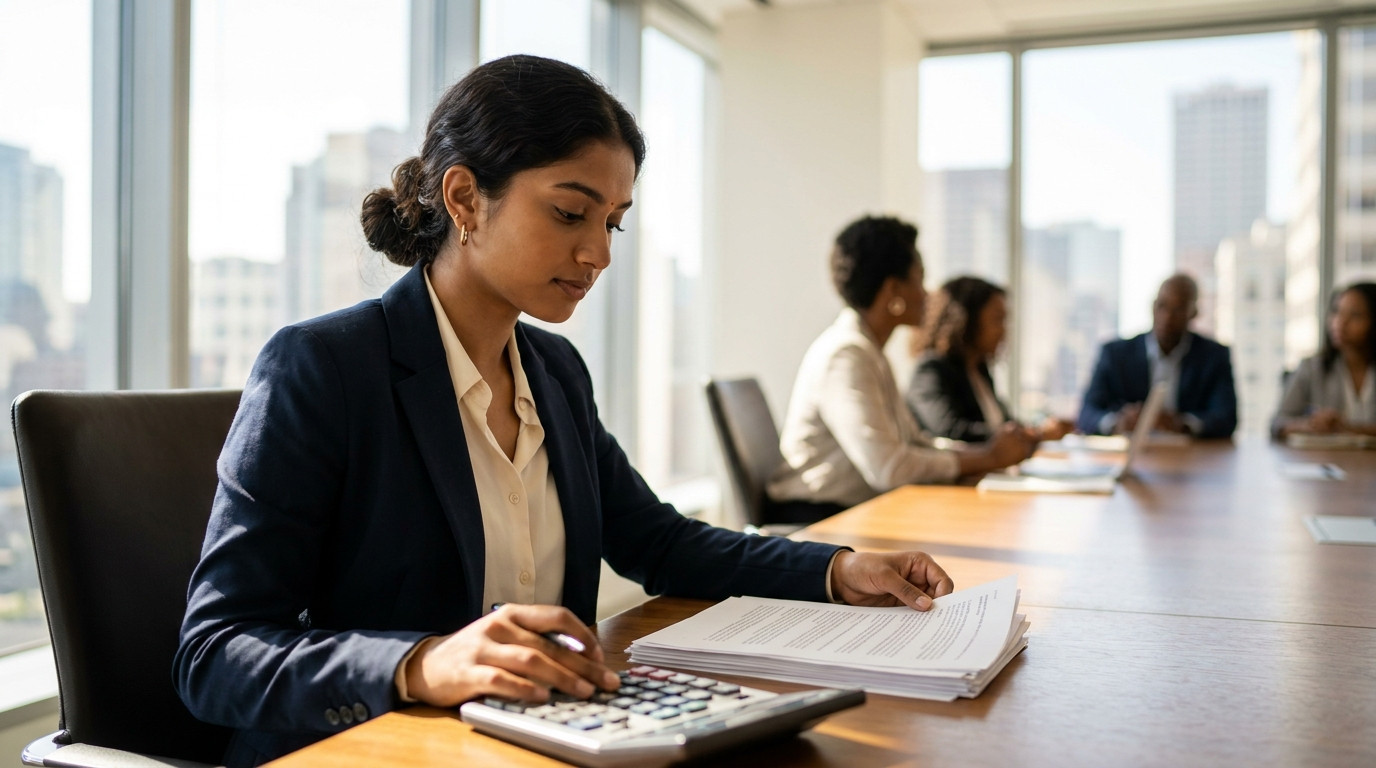 A college student in a navy blazer and open-collar shirt reviewing printed financial documents at a long conference tabl