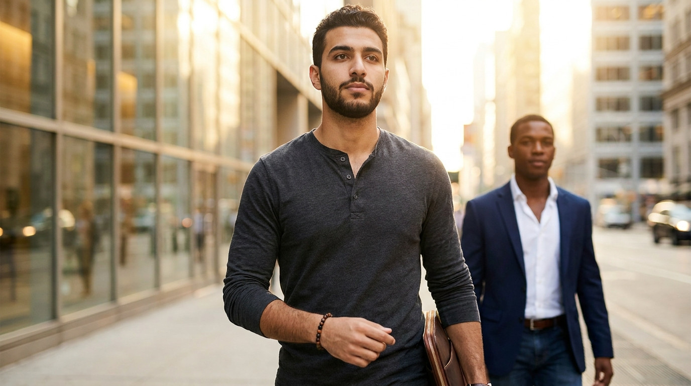 A young professional in a navy blazer and open-collar white shirt walking through a sunlit midtown Manhattan sidewalk on