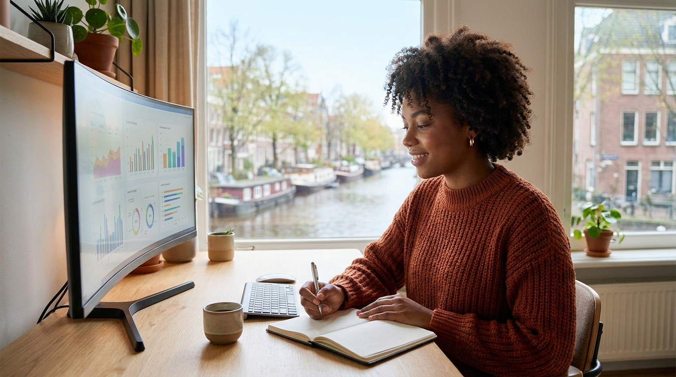 A student in a light linen shirt working at a clean home desk with a wide monitor showing colorful data visualizations,