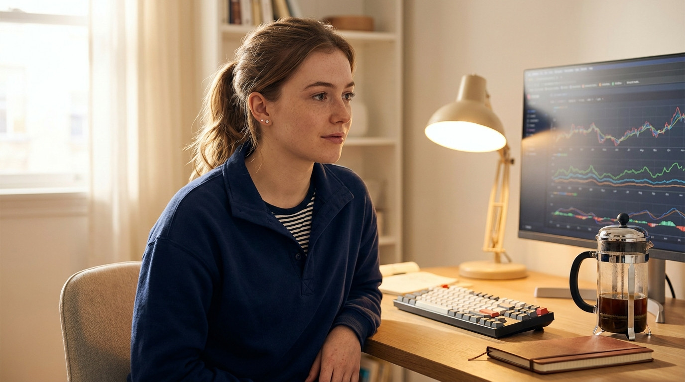 A graduate student in a navy blue pullover sitting at a clean desk with a mechanical keyboard and a large monitor showin