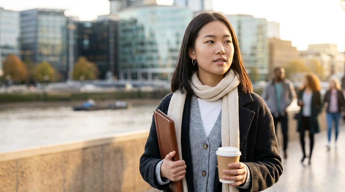A college student in a dark-gray overcoat and cream scarf walking along a wide riverside promenade on a crisp autumn mor