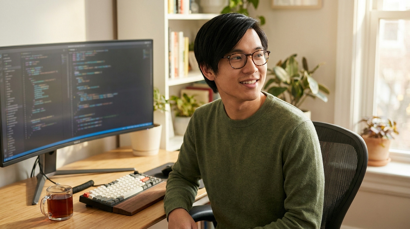 A computer science student sitting at a clean desk in a sunlit home office, a mechanical keyboard and a large ultrawide
