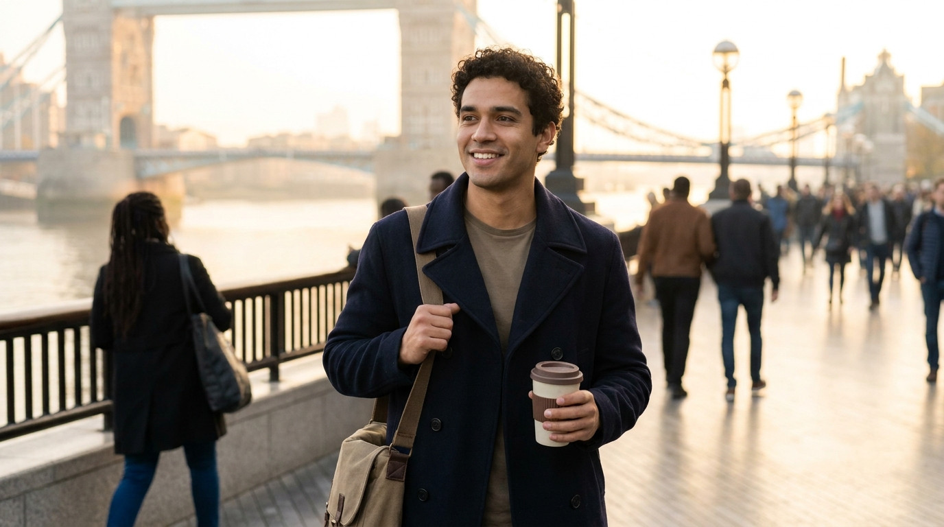 A university student in a fitted navy peacoat walking along the Thames embankment in London on a crisp autumn morning, T