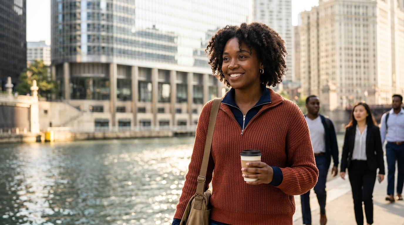 A college student in a navy quarter-zip walking along the Chicago Riverwalk on a bright summer morning, the Willis Tower