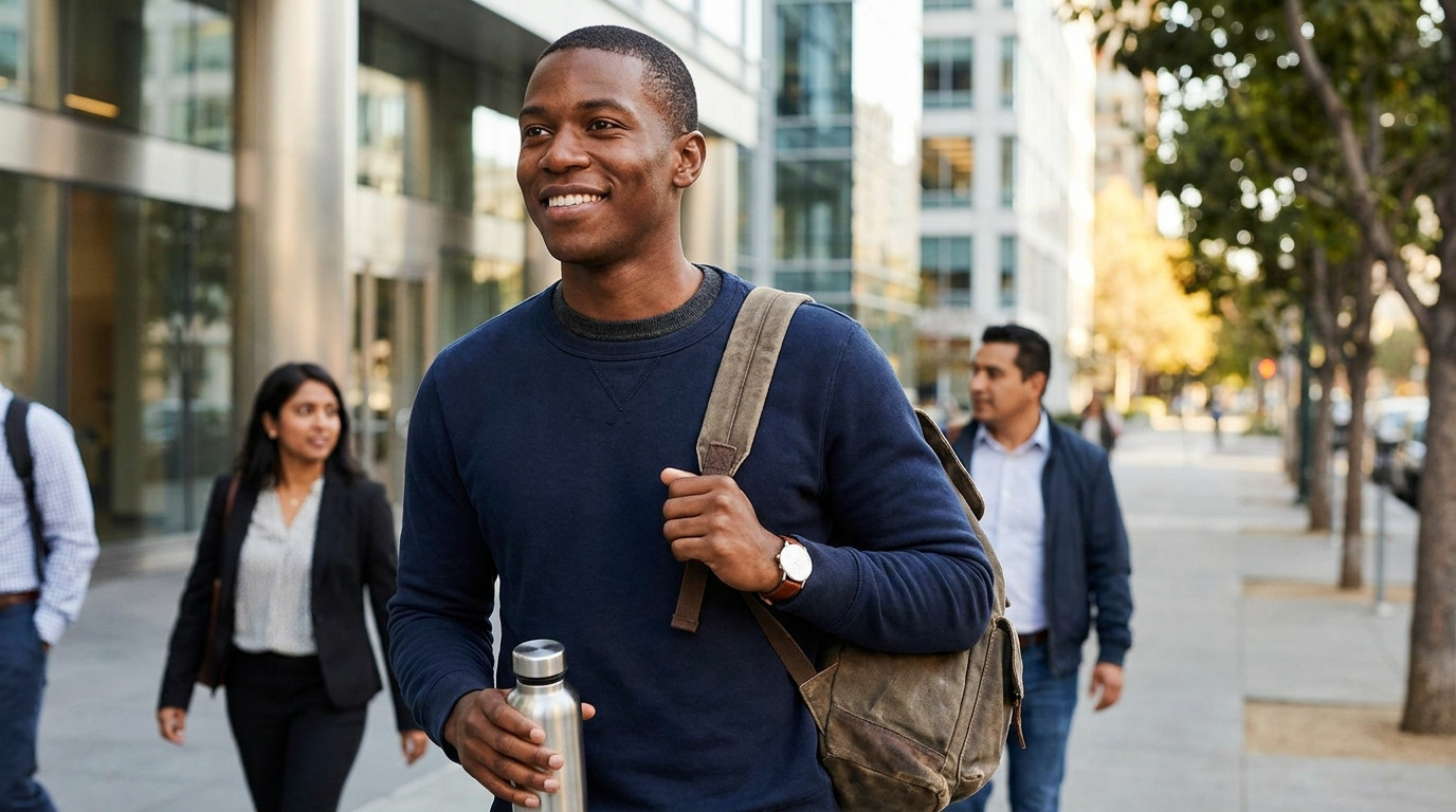 A PhD student in a simple charcoal crewneck sweater walking through a quiet San Francisco street lined with glass-front