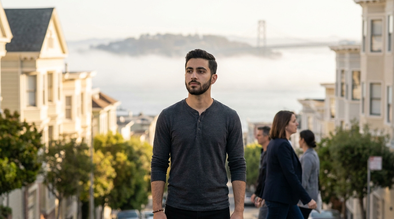 A young professional in a fitted blazer walking past Victorian buildings on a hilly San Francisco street, morning fog ro
