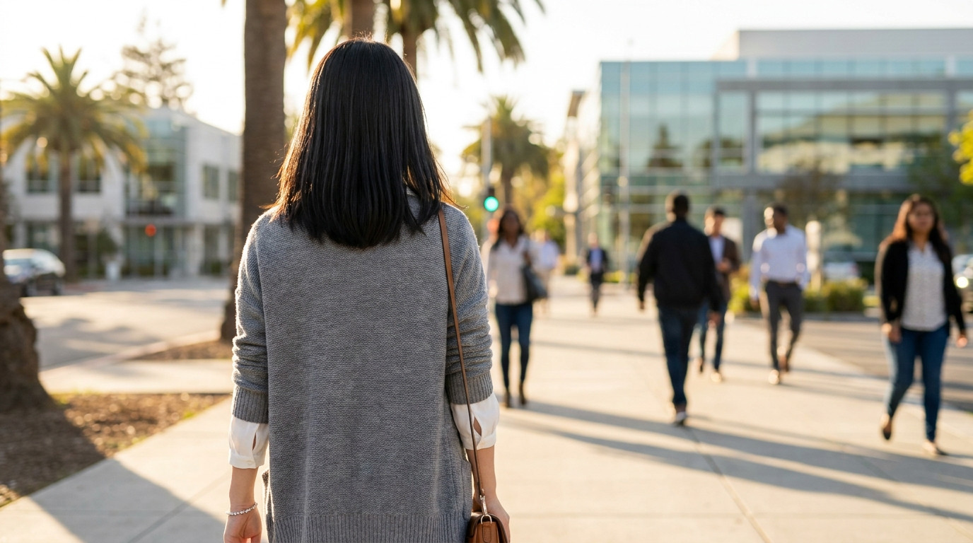 A young professional in a light jacket walking along a sunny sidewalk in downtown Palo Alto, California, with palm trees