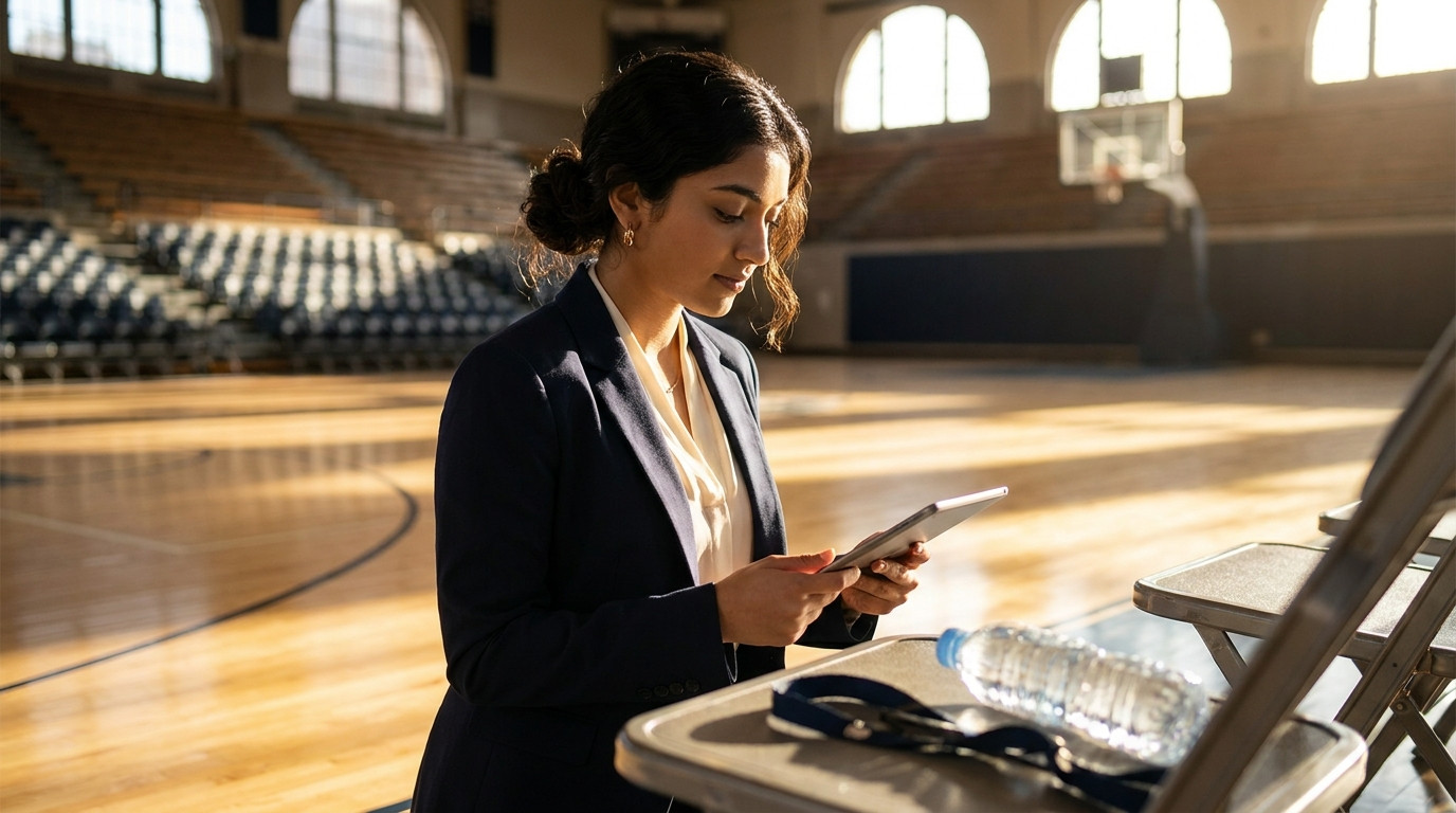 A young professional standing on the sideline of an empty professional basketball arena, holding a tablet and reviewing