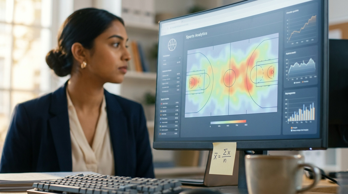 A close-up of a professional sports analytics dashboard displayed on a large curved monitor, showing a heat map of playe