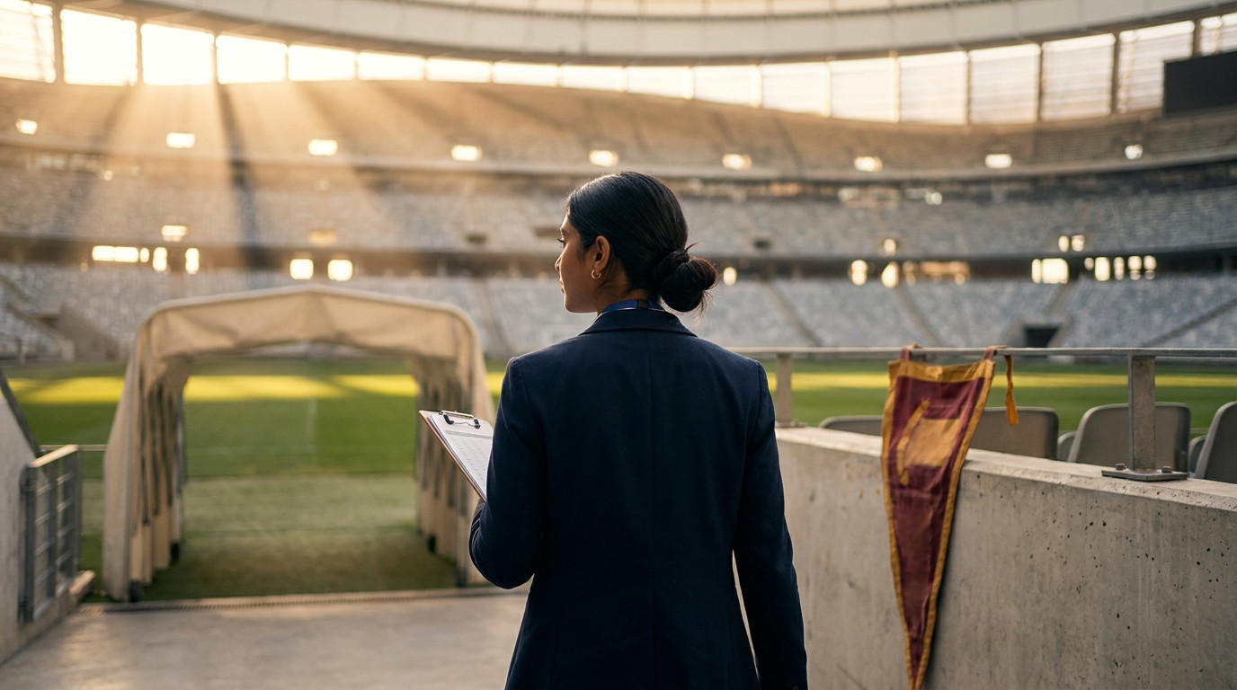 A young professional walking through the concourse of a large empty football stadium during a weekday morning, carrying