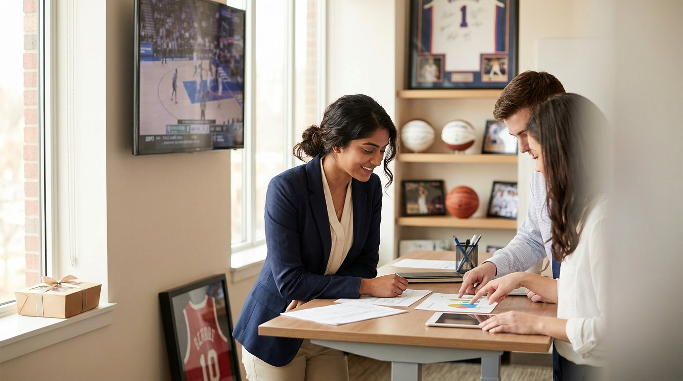 A group of three young professionals collaborating around a standing desk in a modern sports organization office, review