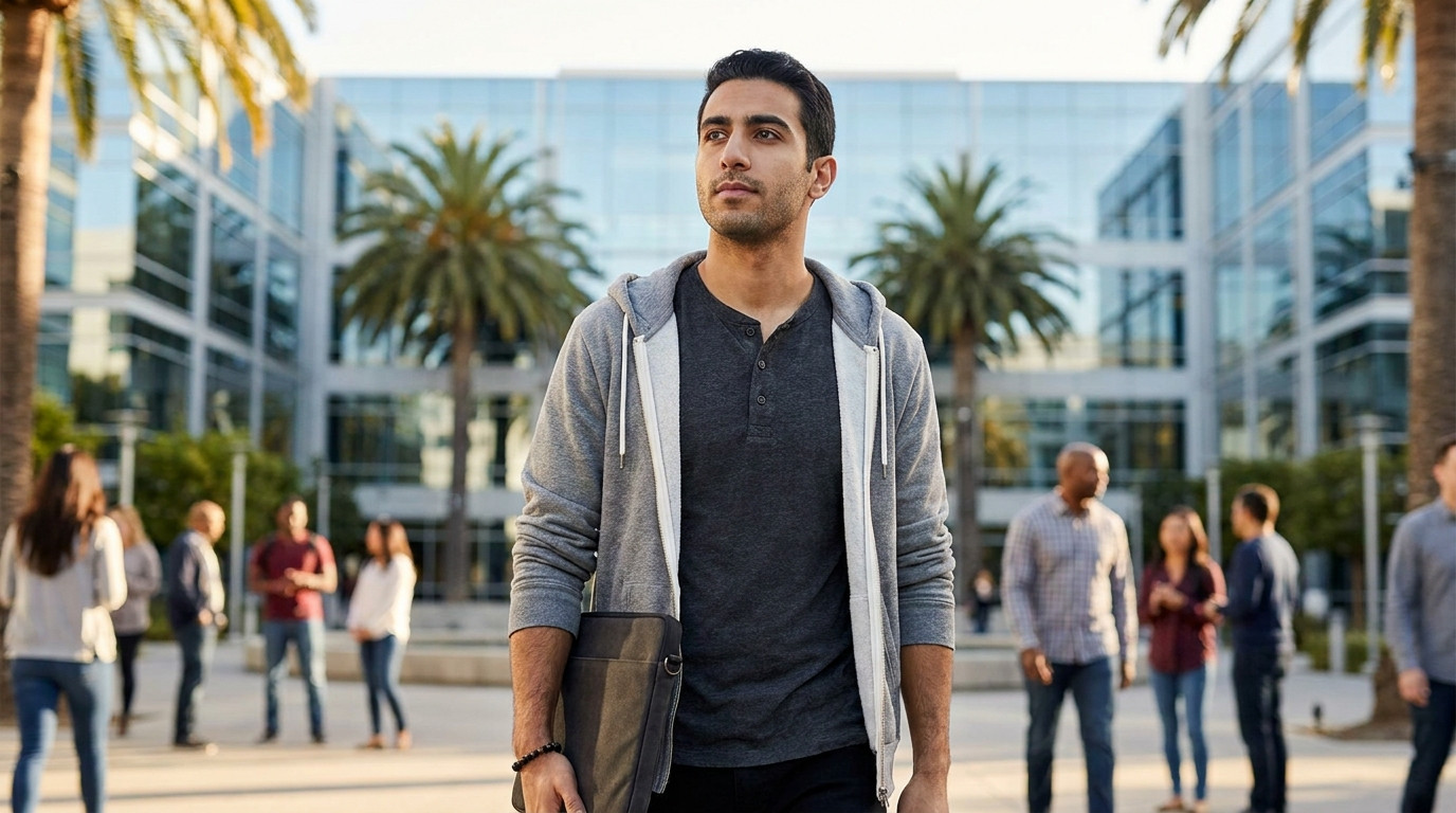 A university computer-science student in a plain zip hoodie walking through a modern tech-campus courtyard in Silicon Va