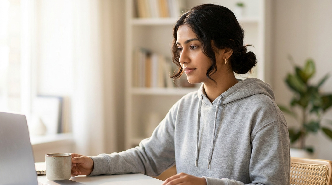 A young software engineer sitting at a tidy home-office desk in a bright apartment during a morning video stand-up, wear