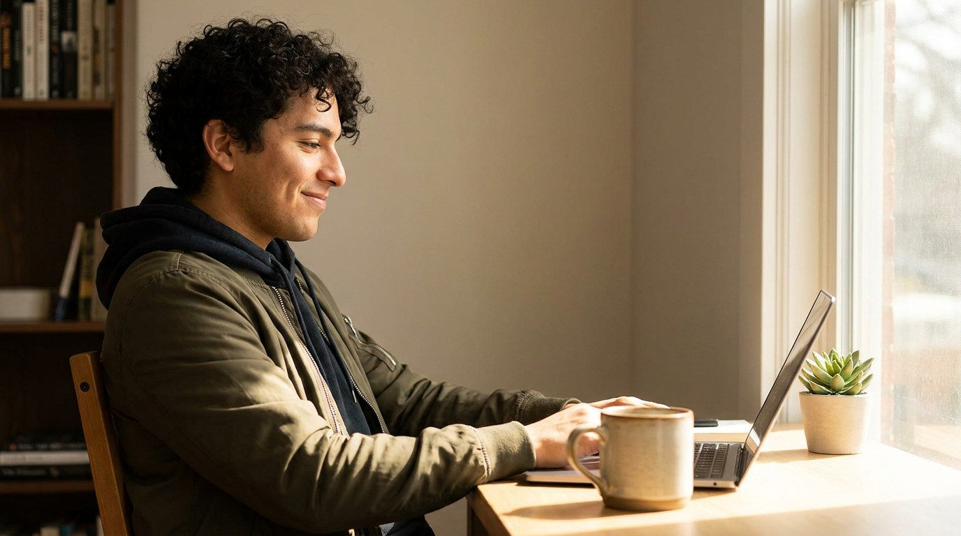 A young software engineer working remotely at a tidy home desk beside a large window on a bright morning, wearing a plai