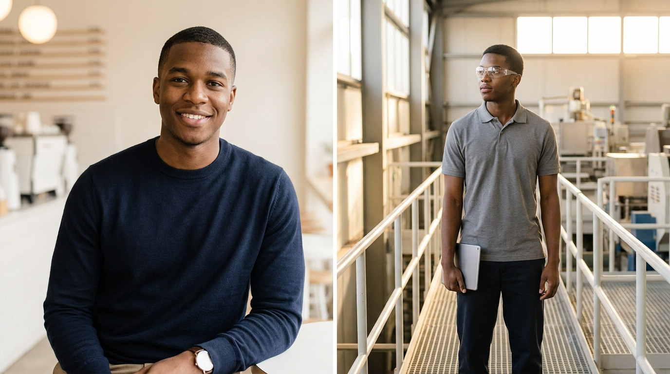 A young mechanical engineering student in safety glasses and a plain gray polo standing on a bright factory-floor walkwa