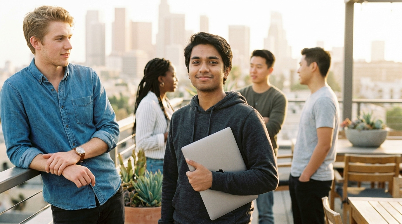 A young software engineer in a simple charcoal hoodie standing on a bright rooftop terrace at golden hour with a hazy de