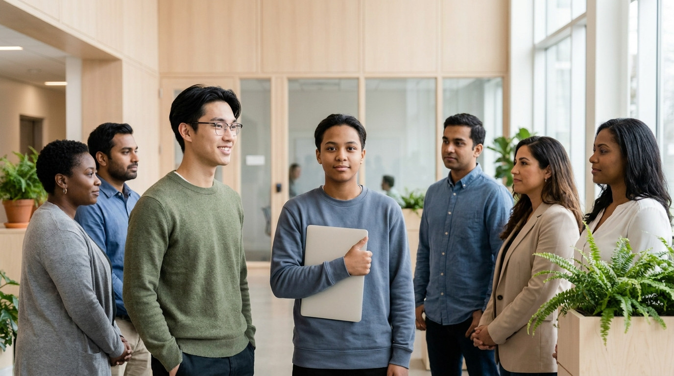 A young software engineer in a plain slate-blue crewneck standing in a bright hospital-adjacent tech office lobby with p