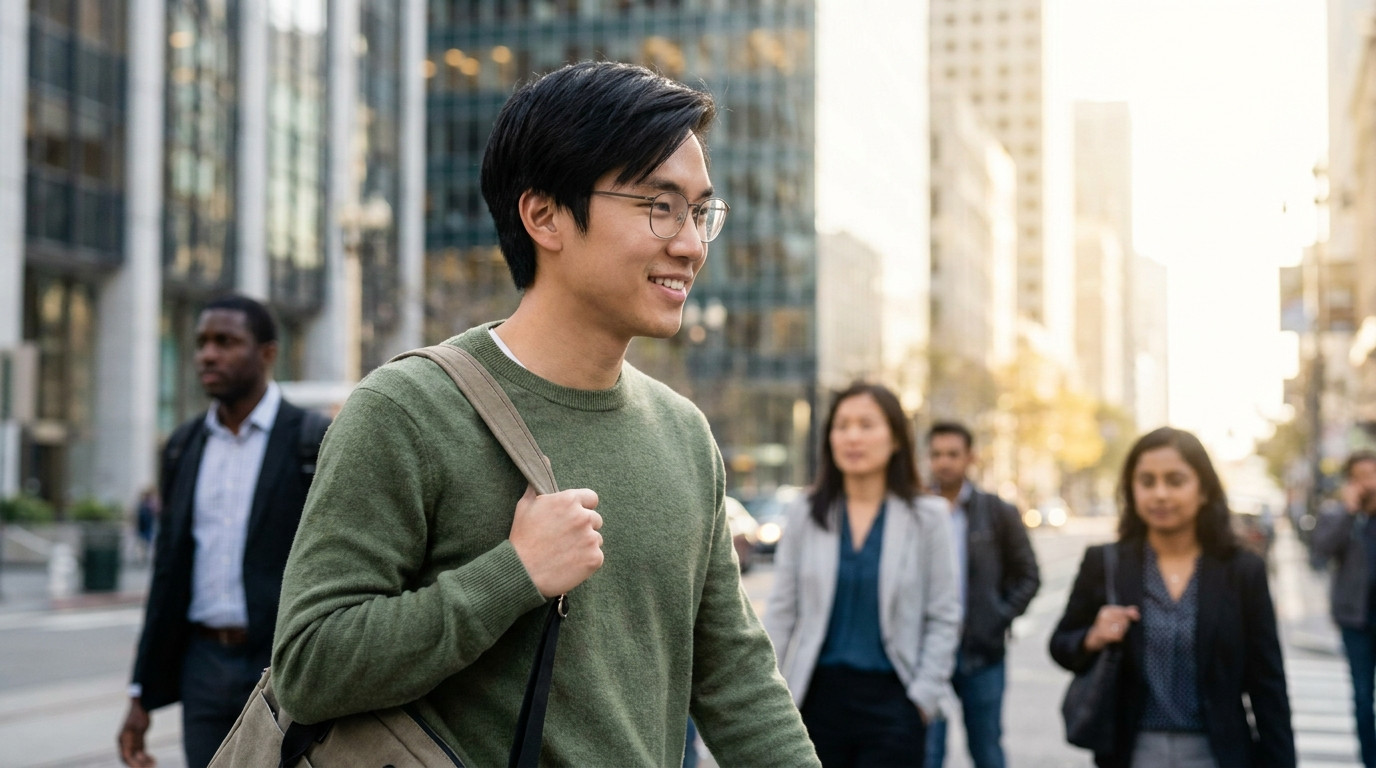 A young software engineer in a simple crewneck sweater walking through downtown San Francisco on a bright morning, glass