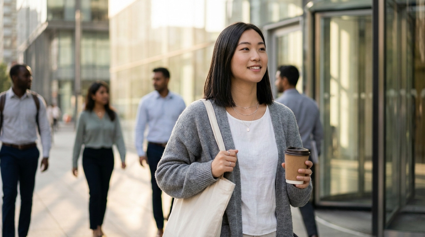 A young media professional in smart-casual clothing walking into a bright glass office-tower plaza in a dense city on a