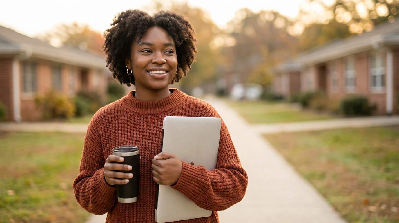 A young engineering student in a plain dark sweater standing on a quiet suburban campus walkway on a clear morning, hold