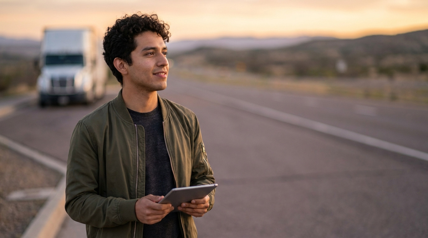 A young engineer in a plain jacket standing at the edge of a wide open highway rest area at dawn, looking thoughtfully t