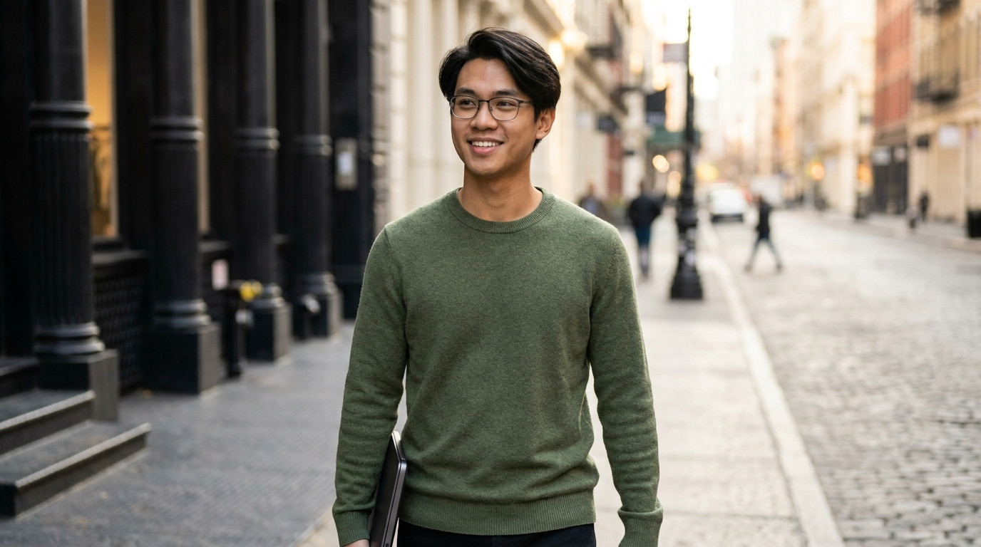 A young software engineer in a plain charcoal sweater walking along a TriBeca sidewalk in New York on a clear morning, c