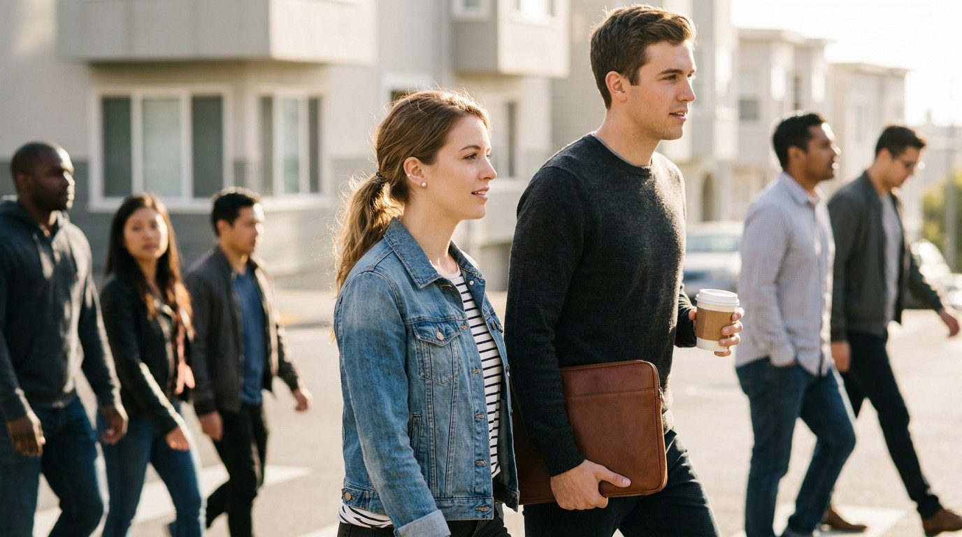 A young software engineer in a plain charcoal sweater walking up a bright San Francisco street on a clear morning, waist