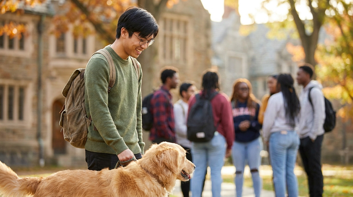 A university student in a plain crewneck sweater walking a friendly dog across a leafy campus quad on a bright morning,