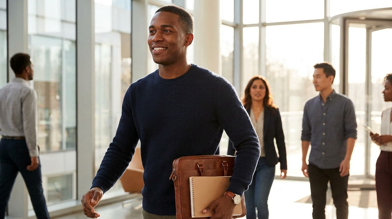 A young actuarial intern in smart business-casual attire walking into a modern glass office lobby on a bright weekday mo