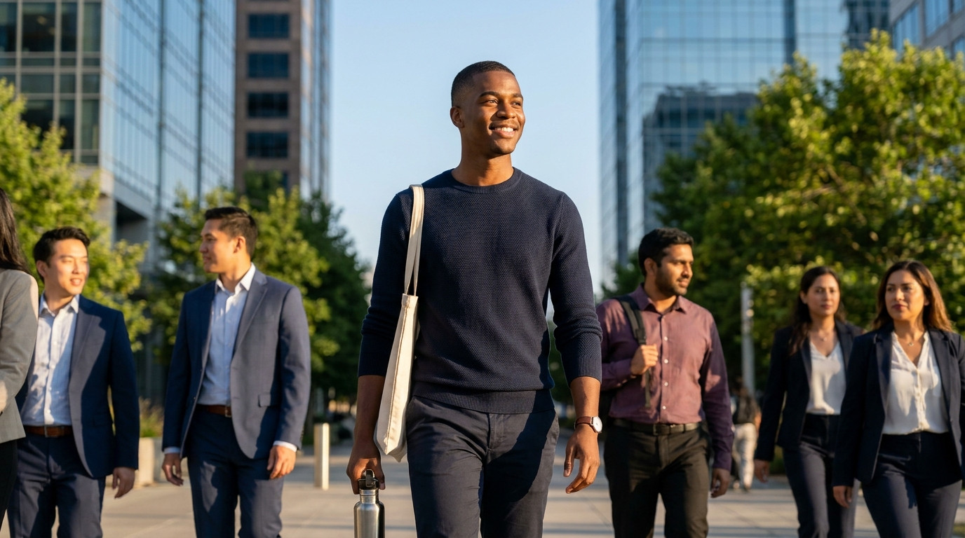 A young marketing intern in smart-casual clothes walking through a bright downtown corporate plaza on a clear summer mor