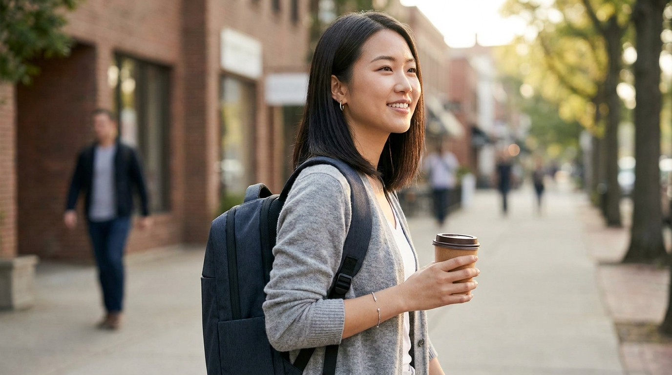 A young software engineering intern walking to work through the Flatiron and Chelsea neighborhood of Manhattan on a clea